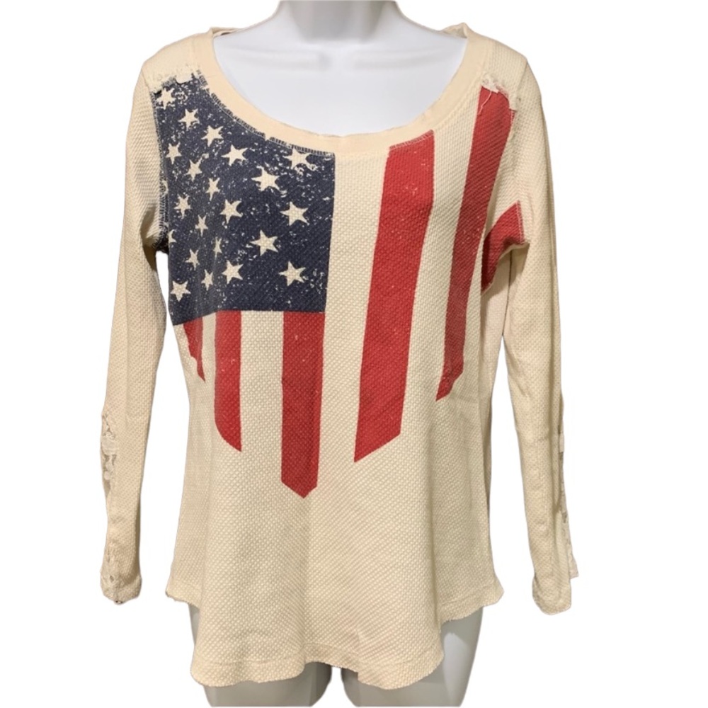 Women's Farm Girl American Flag Top Lace  Details Long Sleeve Small